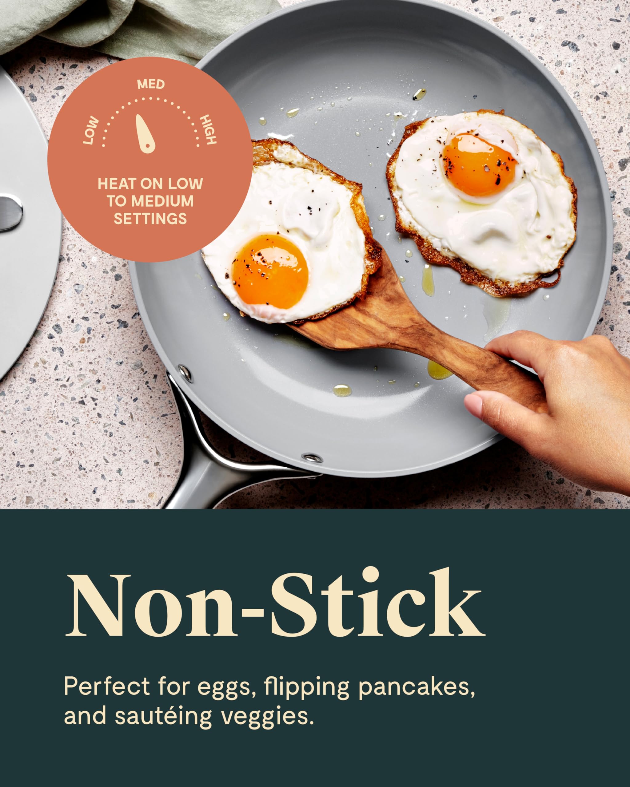 Caraway mini fry pan cream oven-safe up to 550F for versatile use.
