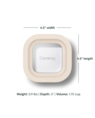 Caraway mini square container glass with ceramic coating, oven-safe.
