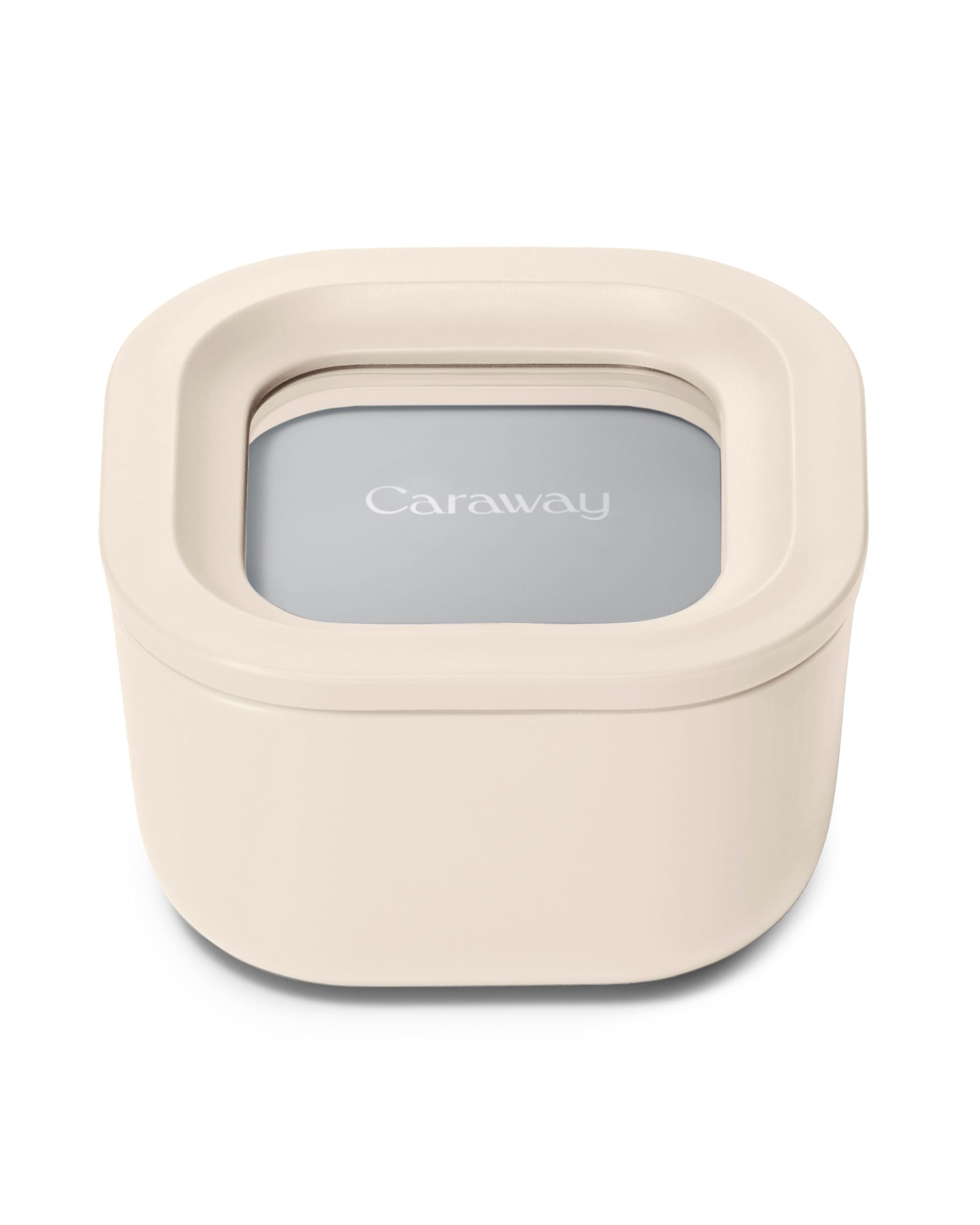 Caraway mini square container with lid in cream color, closed for freshness.