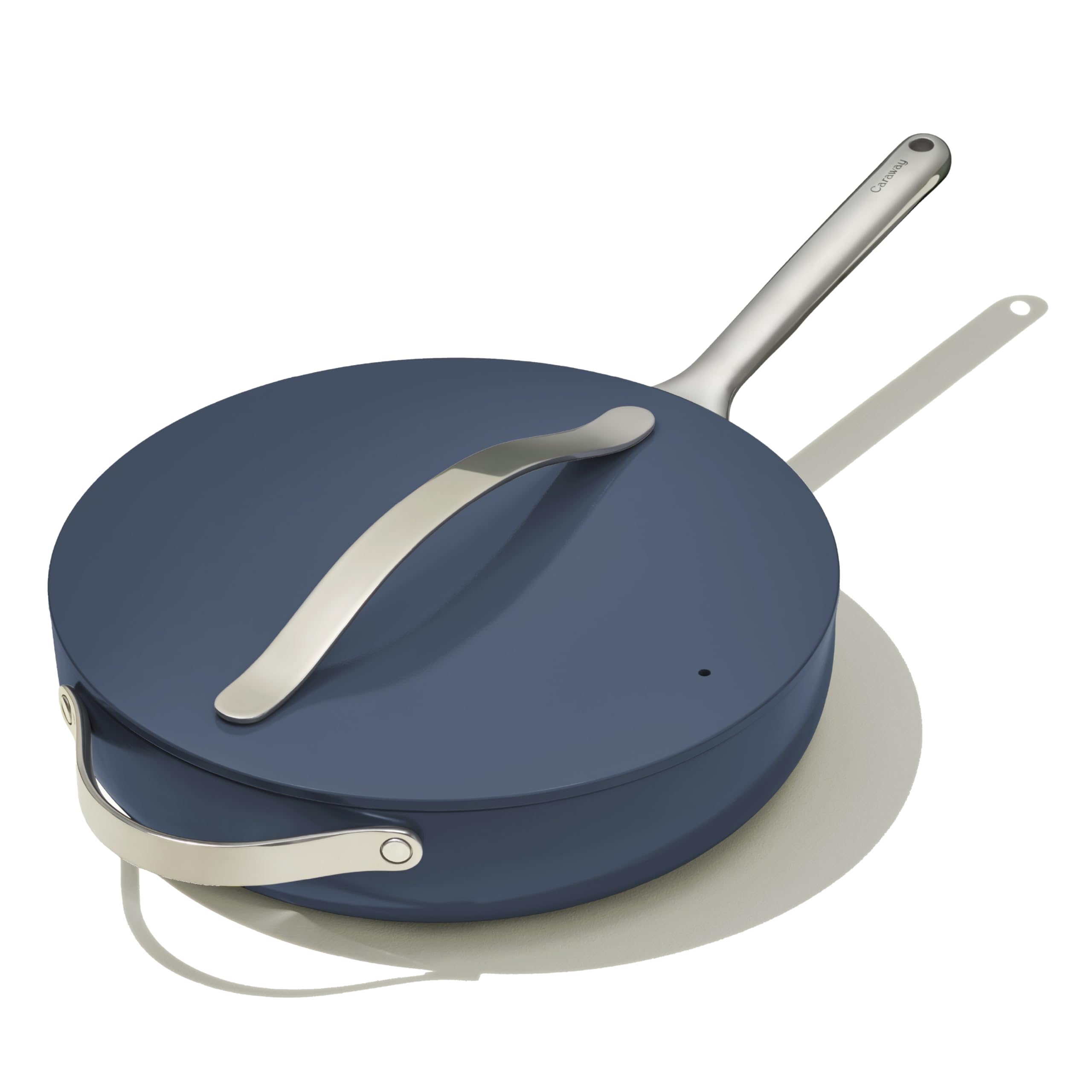 Caraway nonstick ceramic sauté pan with 11.8-inch surface shows smooth food release for easy cooking.