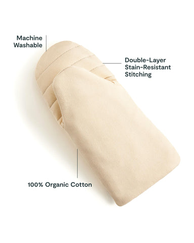 Cream Caraway mitts show stain-resistant stitching for lasting look.