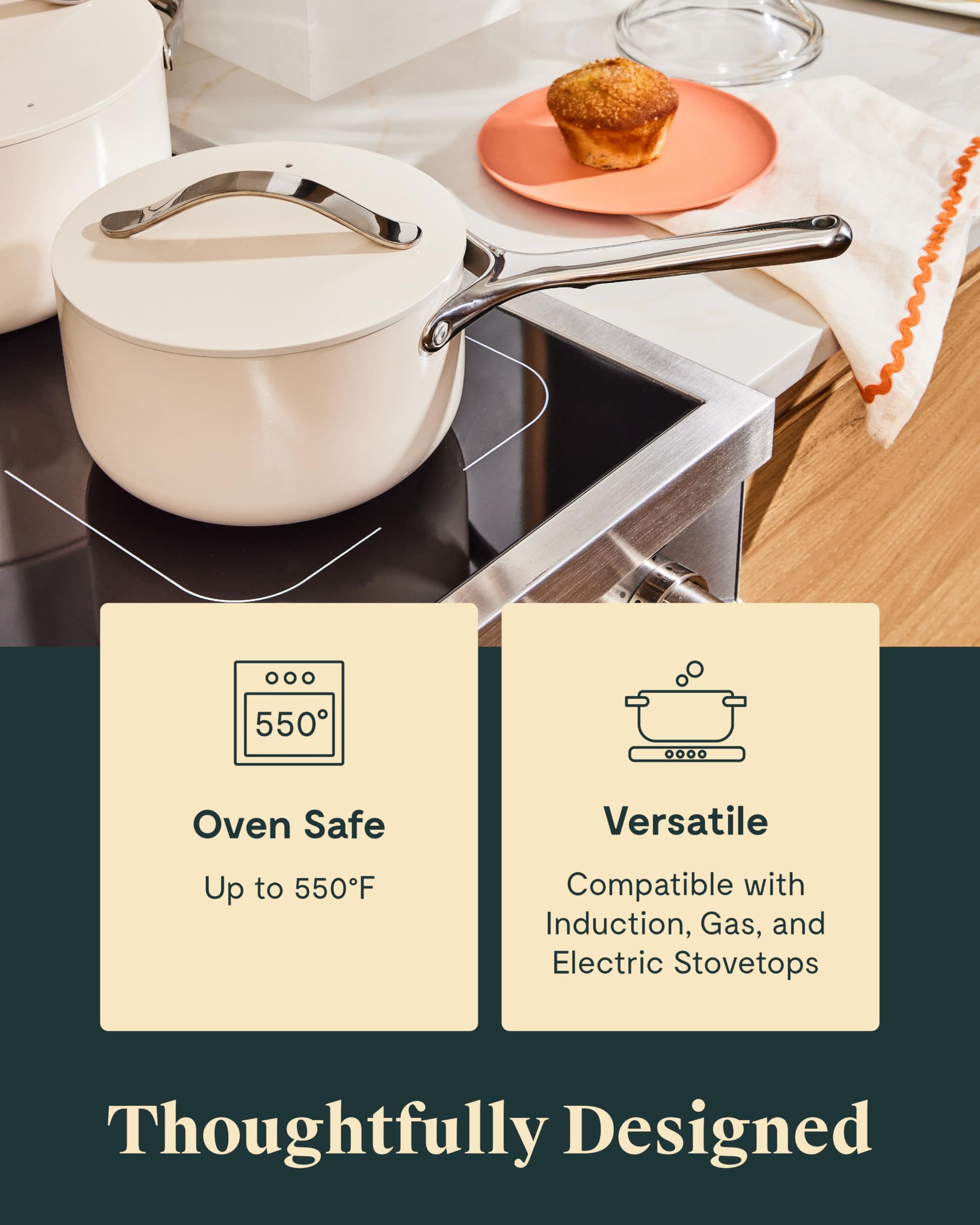 Caraway sauce pan on stove showing residue wipes away after cooking cleanup.
