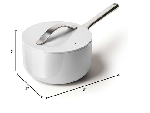 Open-lid view of Caraway pan ready to pour sauces from the pan.