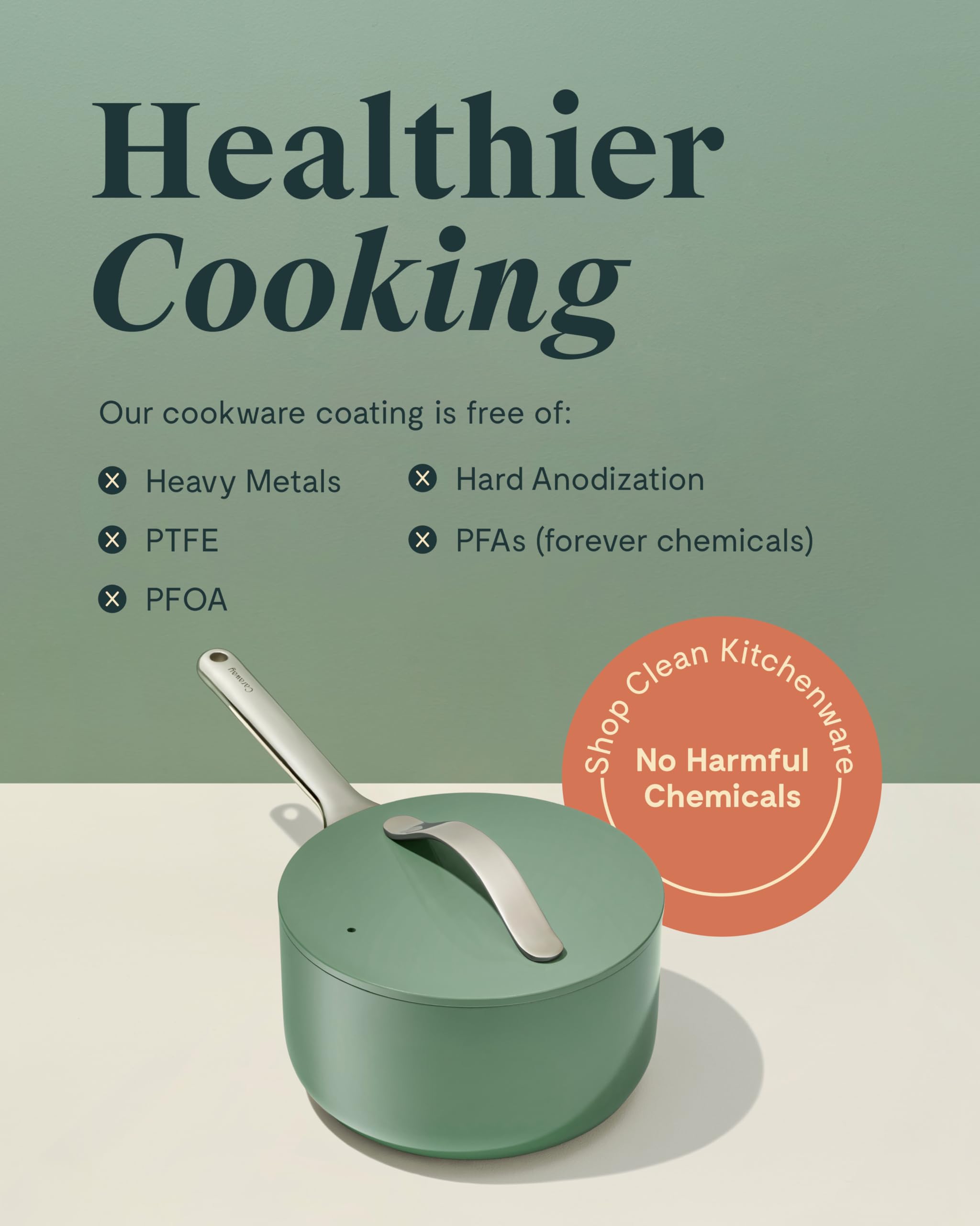 Caraway pan, oven-safe up to 550°F, shown with heat-safe guidelines.