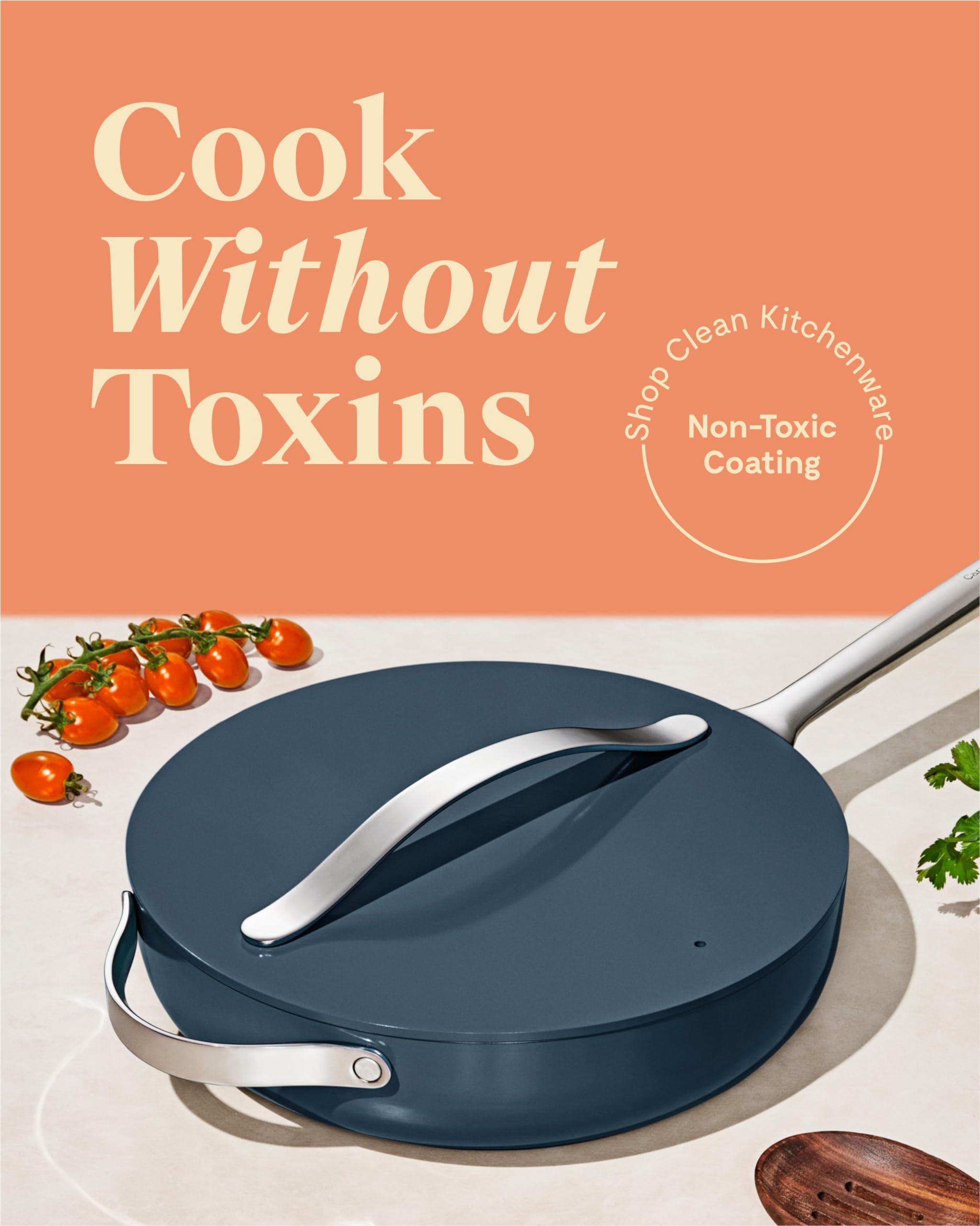 Caraway sauté pan lid on for convenient simmering and coverage.