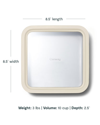 Caraway lid air-release seal demonstrates odor-blocking freshness for meal prep.