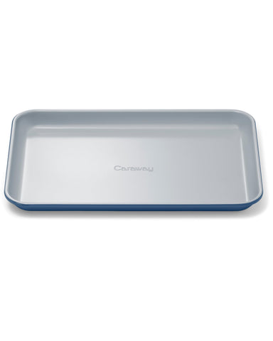 Caraway navy small baking sheet front view with nonstick ceramic surface for easy baking
