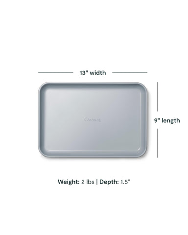 Caraway small baking sheet aluminum core detail highlights durable construction and even heat distribution