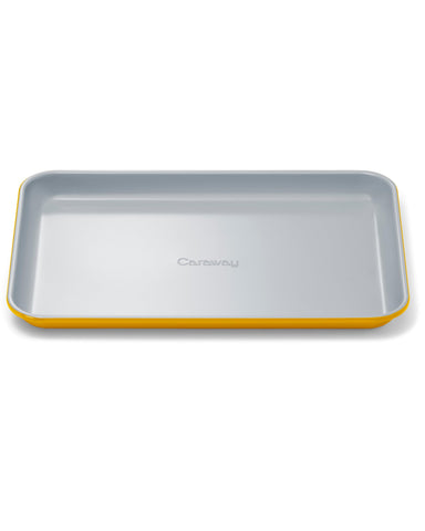 Caraway small baking sheet with oven-ready surface for easy food release.