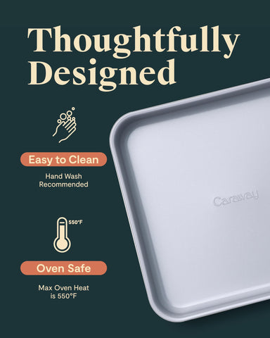 Caraway square pan with non-stick coating that is PTFE-free and safe for baking.