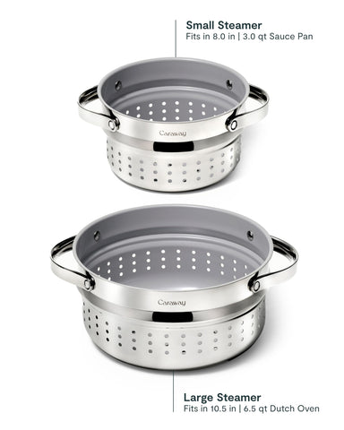 Stainless steel and ceramic surfaces of Caraway steamer for easy cleaning.