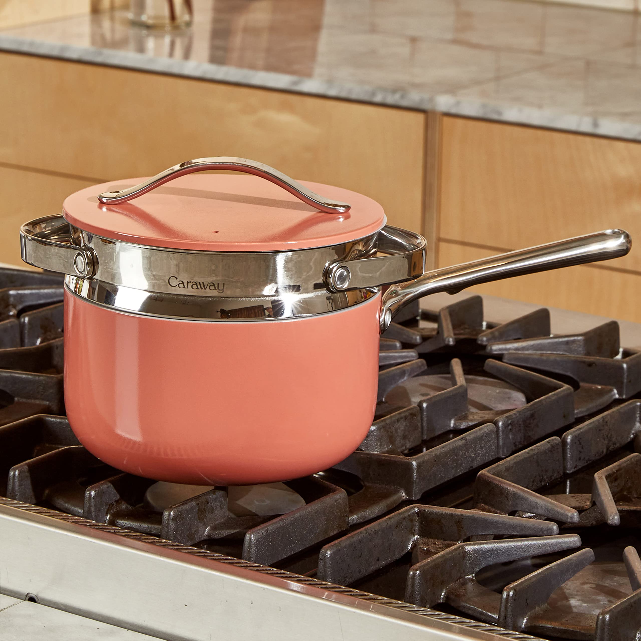 Caraway Steamer Small fits sauce pan for flexible cooking.