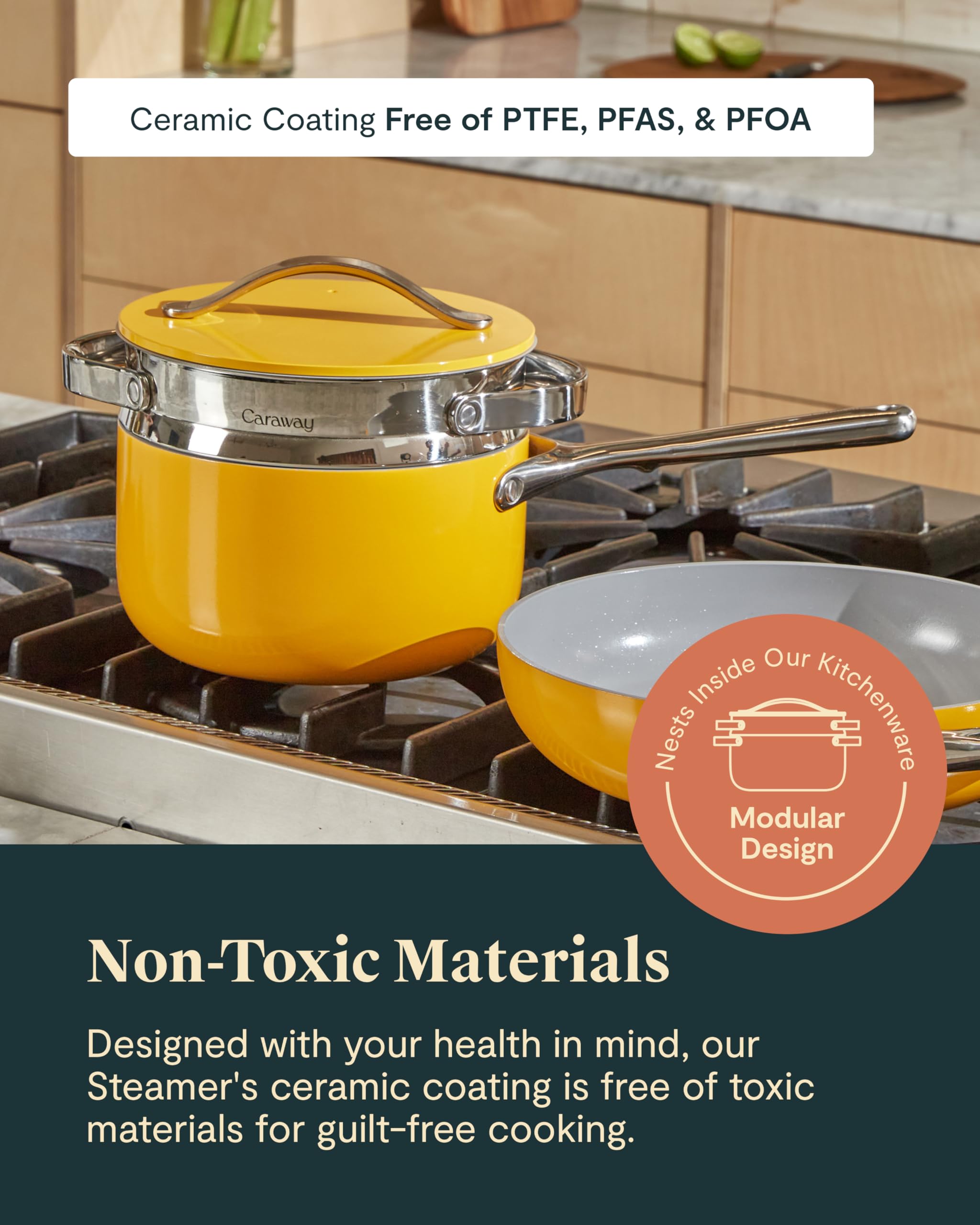 Caraway Steamer Small stainless steel basket emphasizes durability.