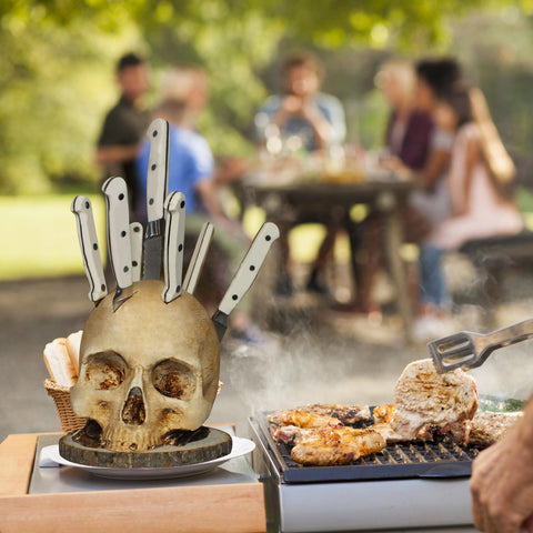 CAREEN skeleton knife stand adds dramatic horror flair to your countertop.