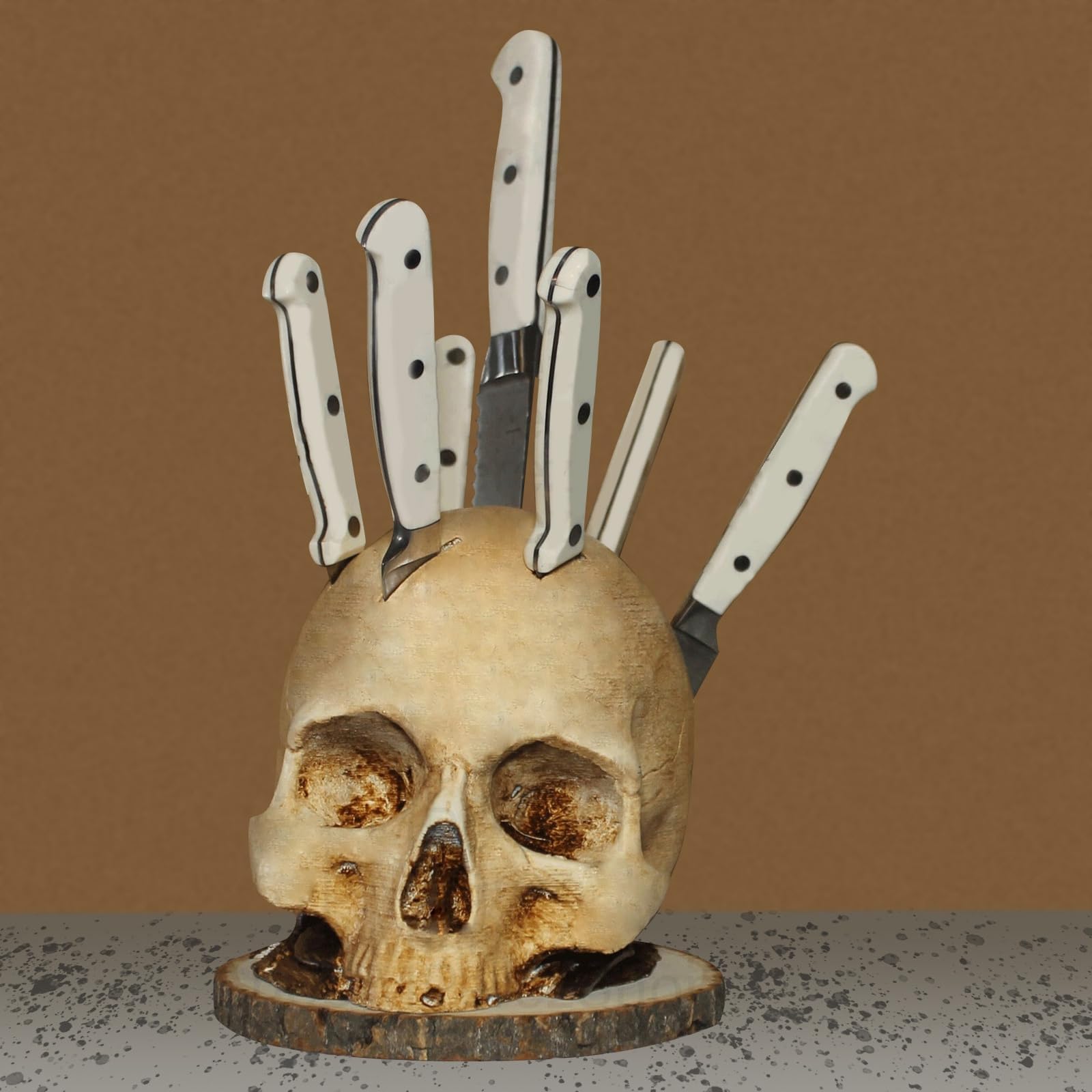 CAREEN skull knife holder keeps knives accessible with spooky kitchen decor.