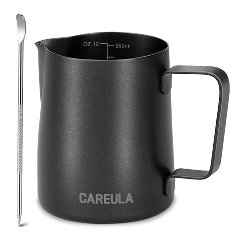 Careula milk frothing pitcher 12oz with ergonomic grip for precise latte art pours.