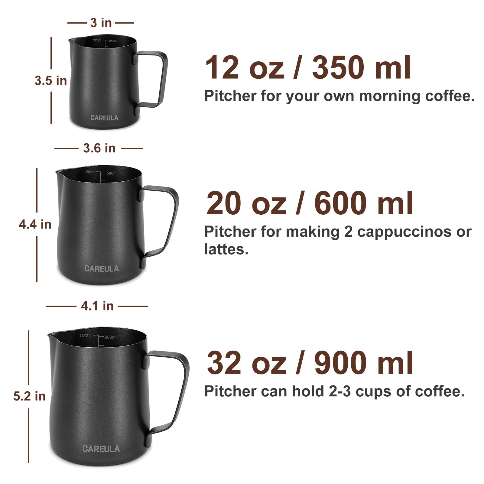 Careula pouring-spout-design pitcher enables mess-free pours ideal for latte art.