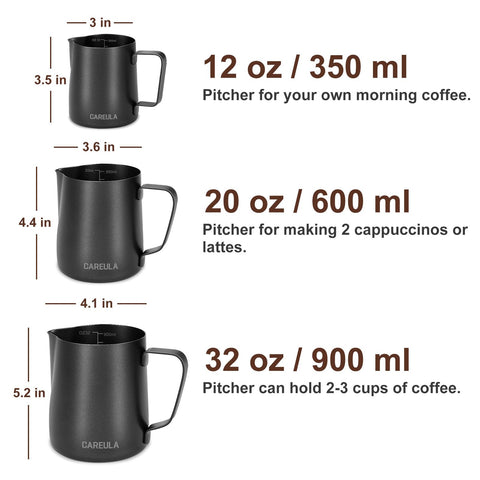 Careula pouring-spout-design pitcher enables mess-free pours ideal for latte art.