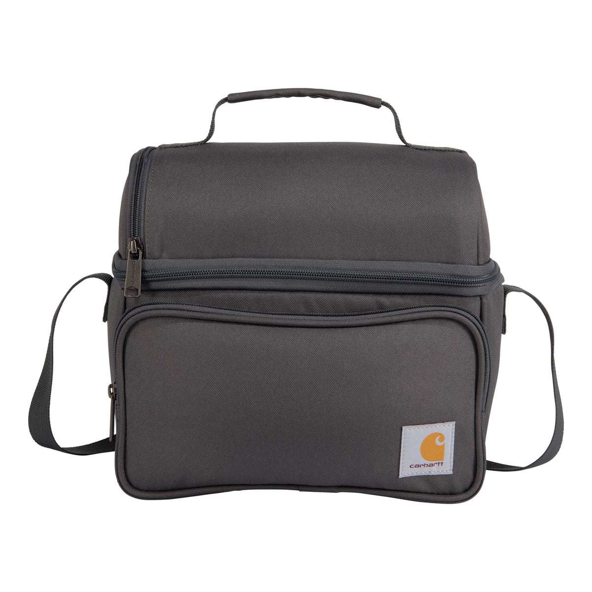 Carhartt insulated dual-compartment lunch box front view showing organized layout.