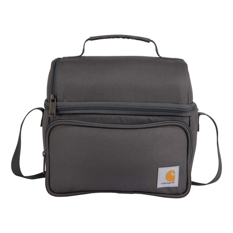 Carhartt insulated dual-compartment lunch box front view showing organized layout.