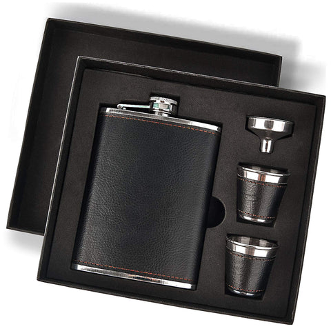 Carlota hip flask with 8oz capacity and black leather cover for easy portable sipping