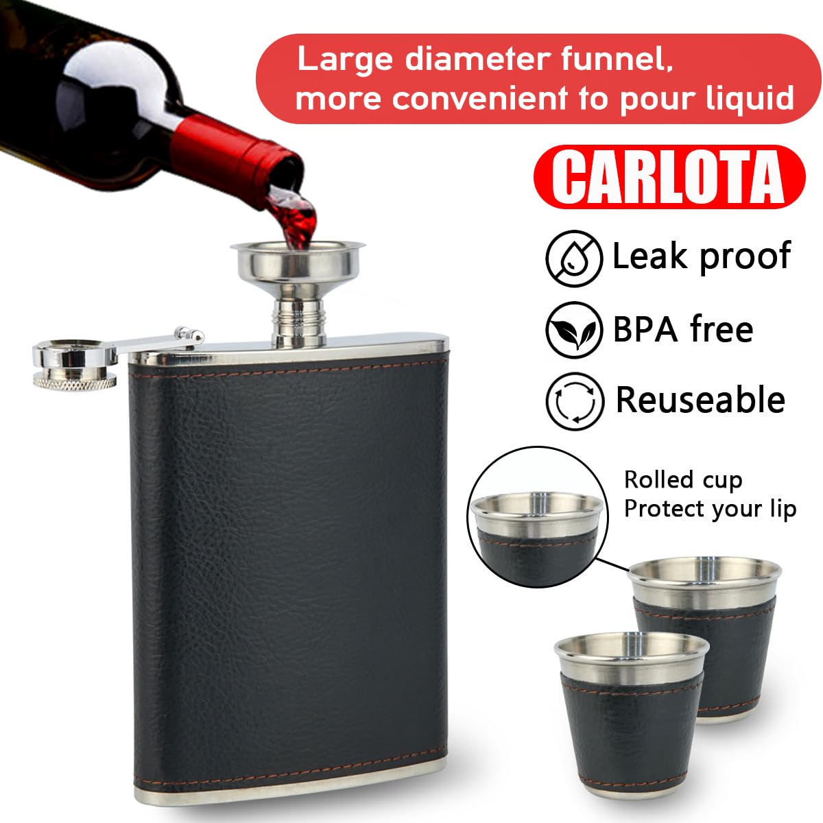 Carlota hip flask includes funnel for easy, mess-free filling on the go
