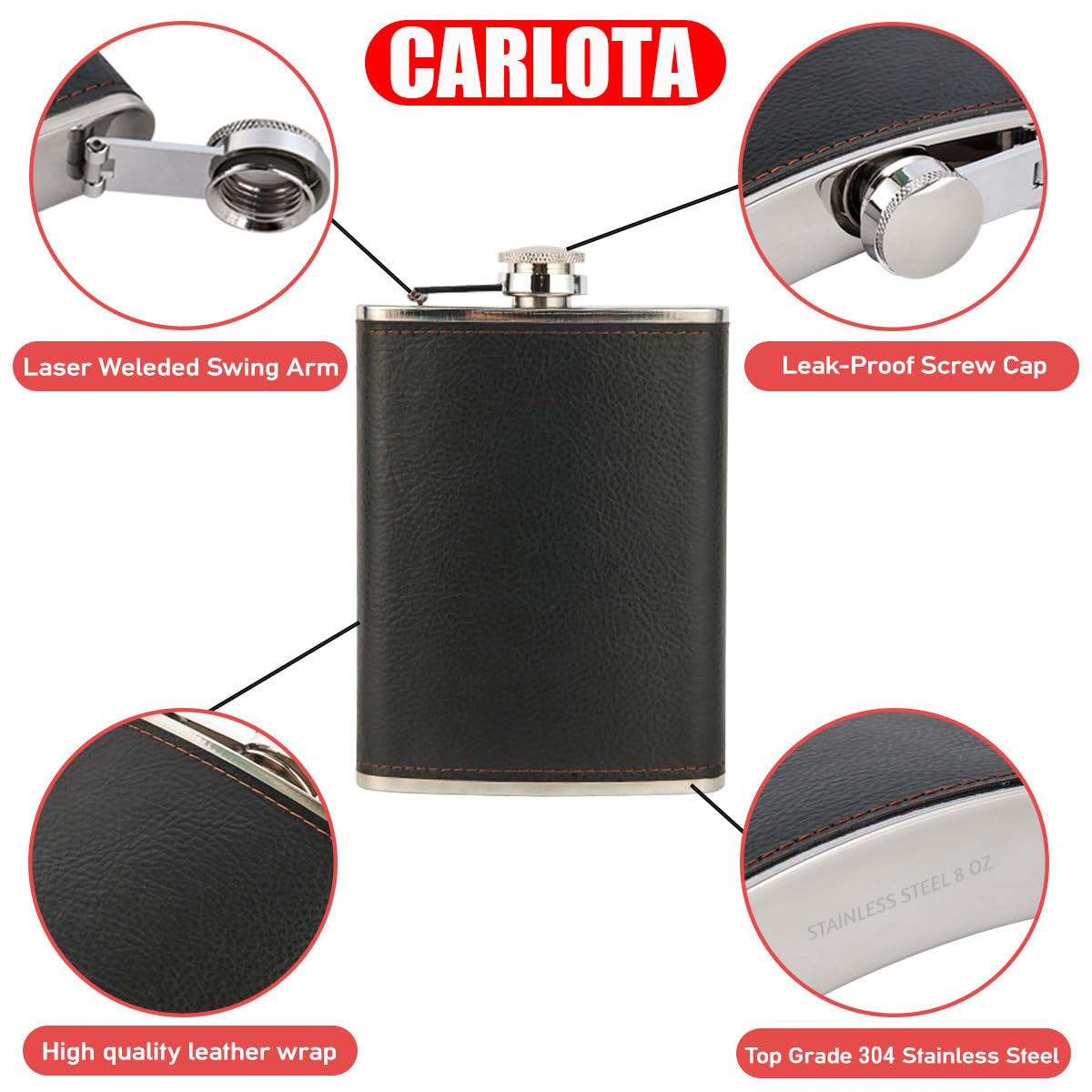 Carlota hip flask with secure stainless cap helps prevent leaks during travel