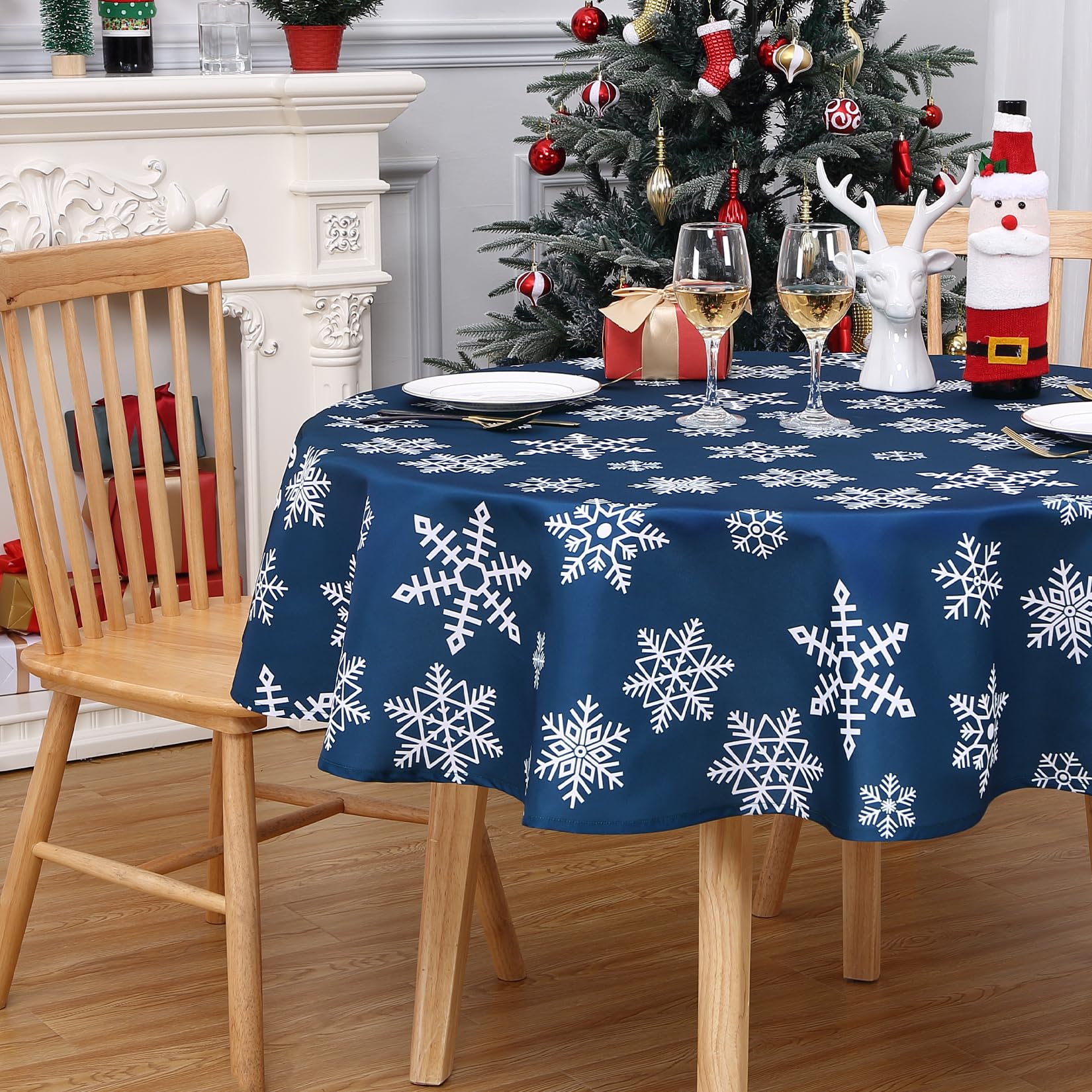 CAROMIO Christmas Tablecloth round 60-inch blue snowflakes protects table from spills