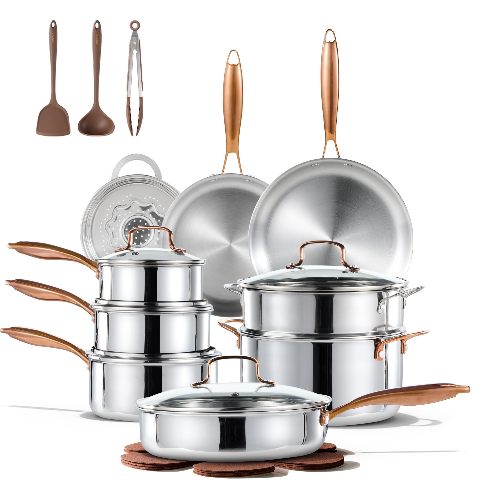 CAROTE 23pcs tri-ply cookware set on stove supports even heating for daily cooking.