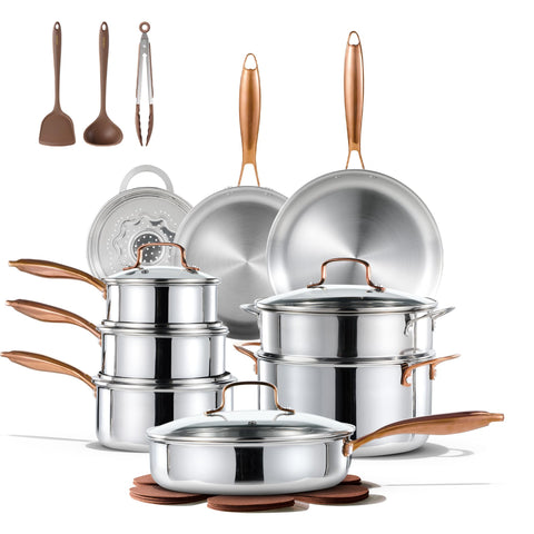 CAROTE 23pcs tri-ply cookware set on stove supports even heating for daily cooking.