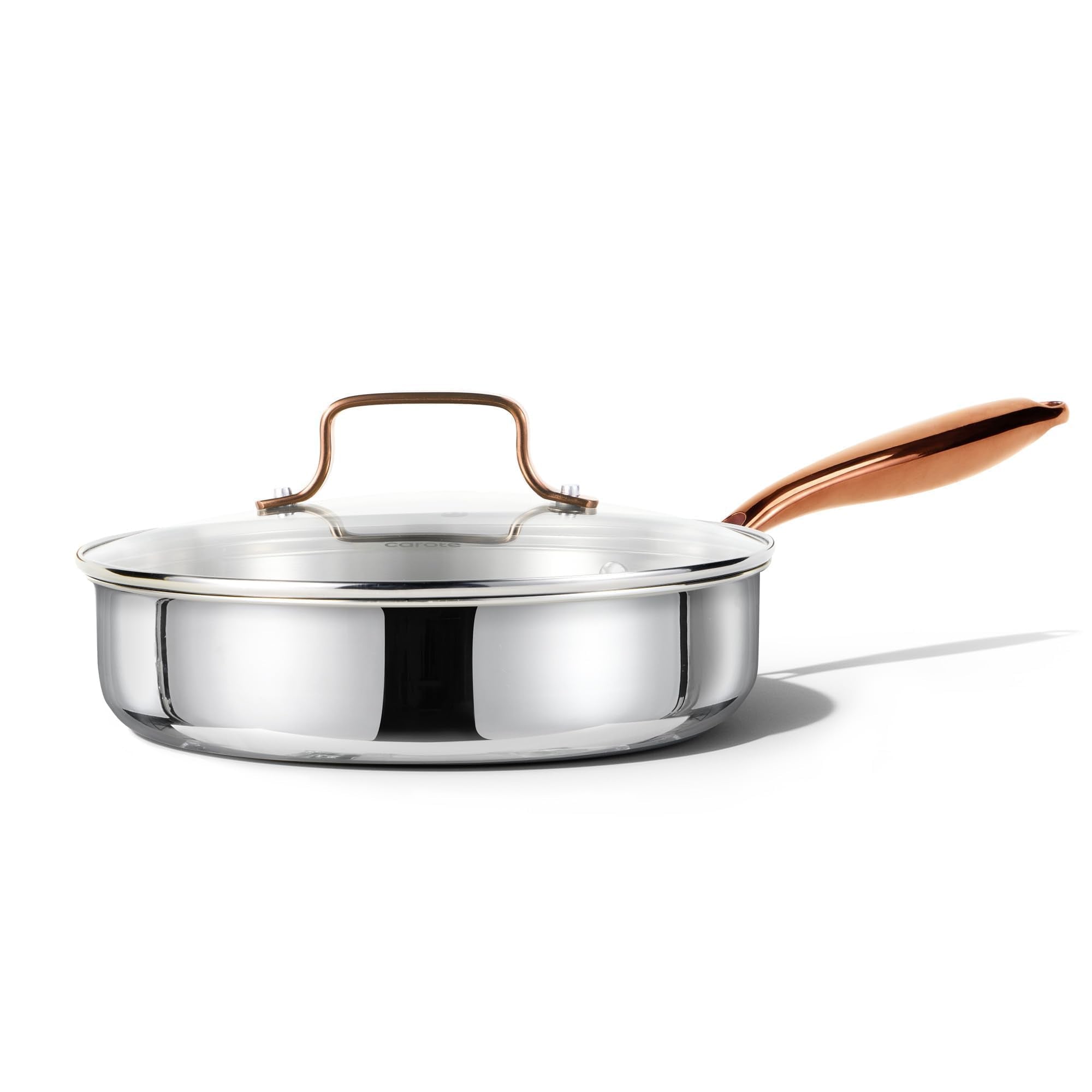 CAROTE 10-inch tri-ply pan front view highlights even heat distribution