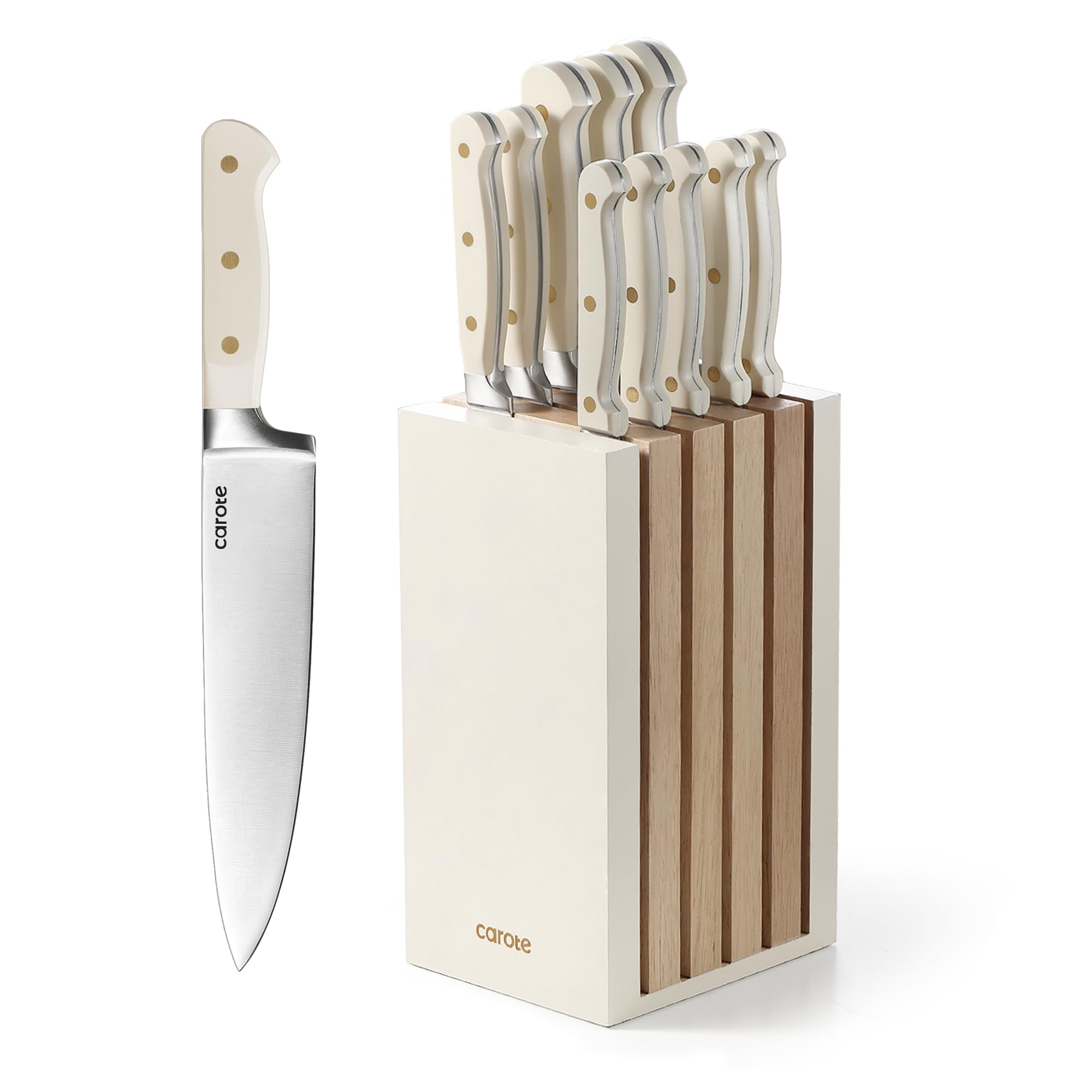 CAROTE 11-piece knife set with block top view for organized kitchen storage