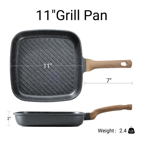 CAROTE 11in grill pan even-heat design ensures consistent browning across foods.