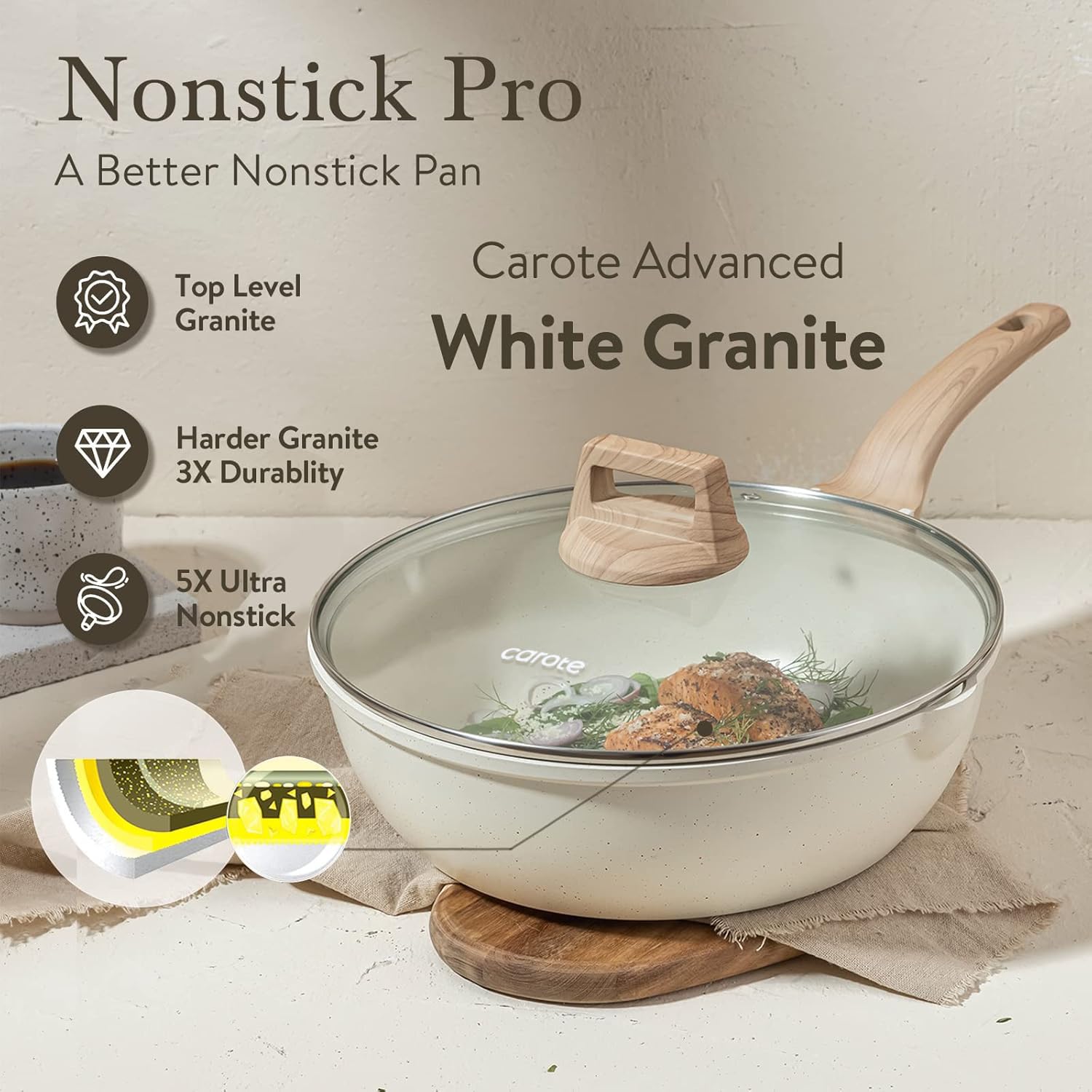 CAROTE deep frying pan cleans easily with soap and water after cooking