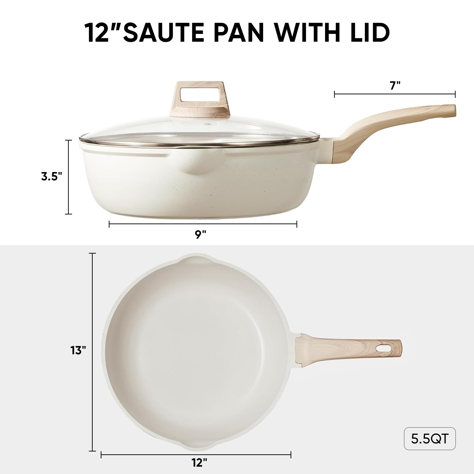CAROTE 12-inch nonstick pan with lid on demonstrates even heat for consistent meals