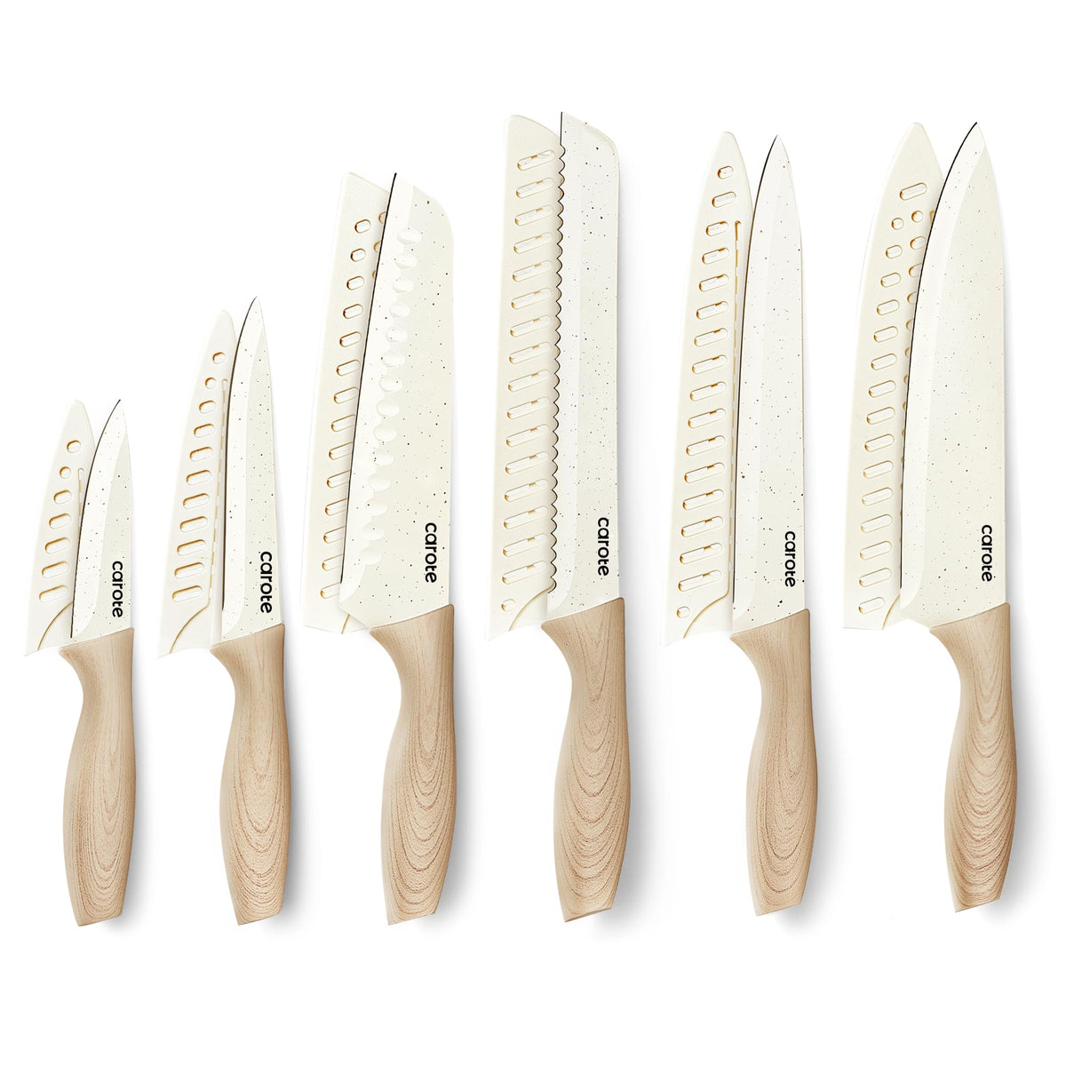 CAROTE 12pc knife set with blade guards for safe storage and travel.
