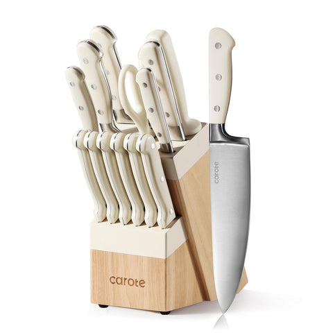CAROTE 14-piece knife set in cream block showing organized storage and forged blades