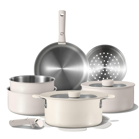 CAROTE 14-piece set with detachable handles for compact storage and versatile cooking.