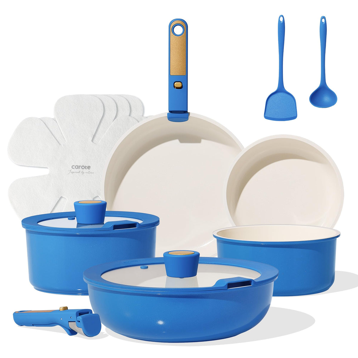 CAROTE 15-piece ceramic cookware set with blue-gold finish and nonstick surface for quick meals