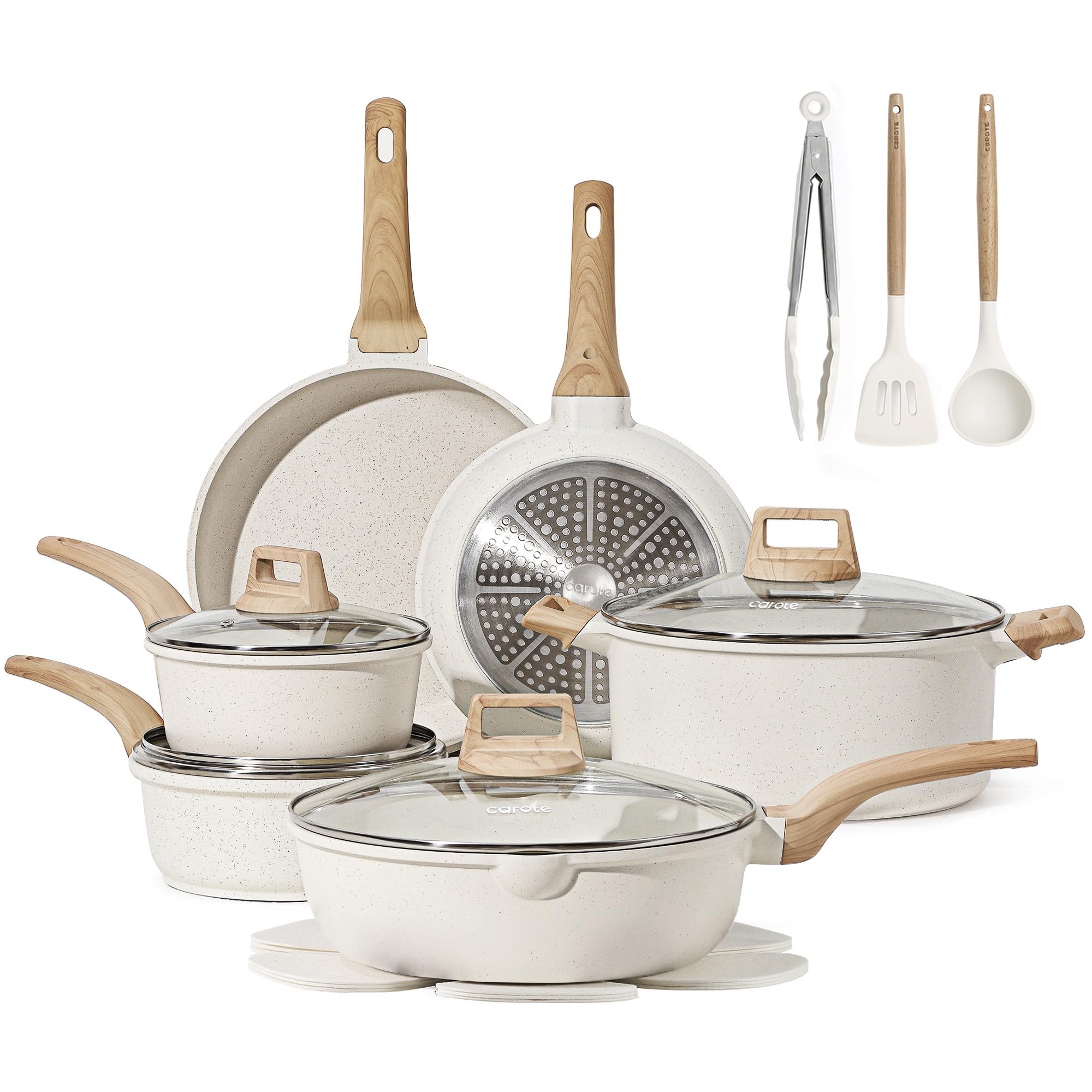 CAROTE 16-piece pots and pans set with white granite nonstick coating for versatile cooking.