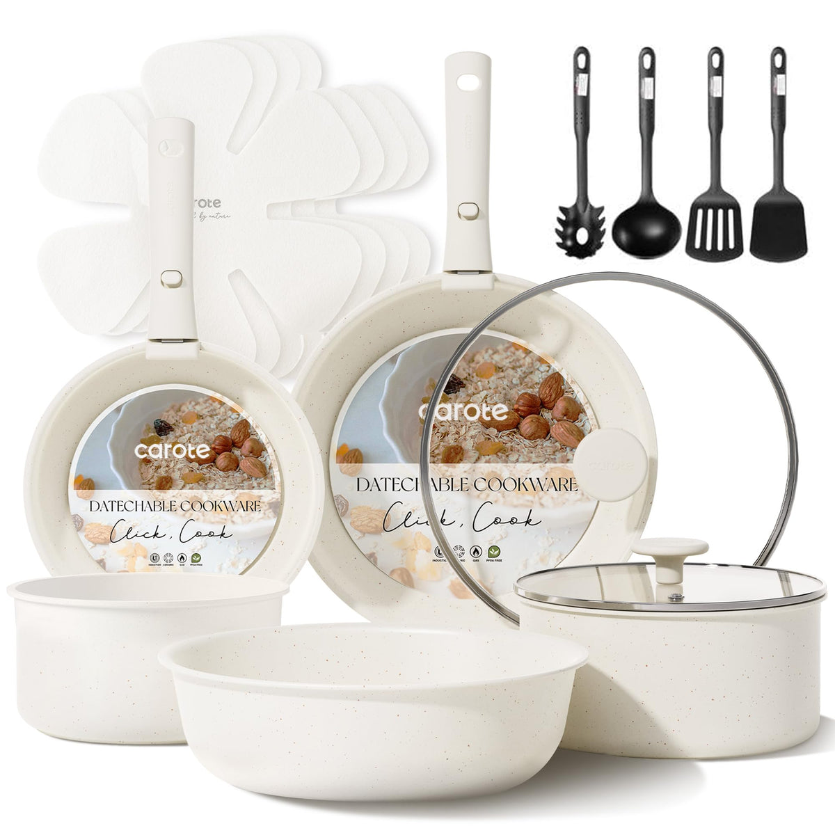 CAROTE 17pc set with detachable handle, highlighting space-saving design.