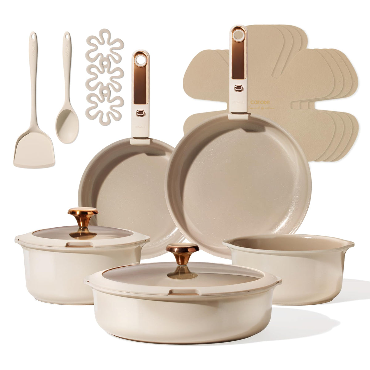CAROTE 18pc ceramic cookware set with detachable handles shown for space-saving storage.