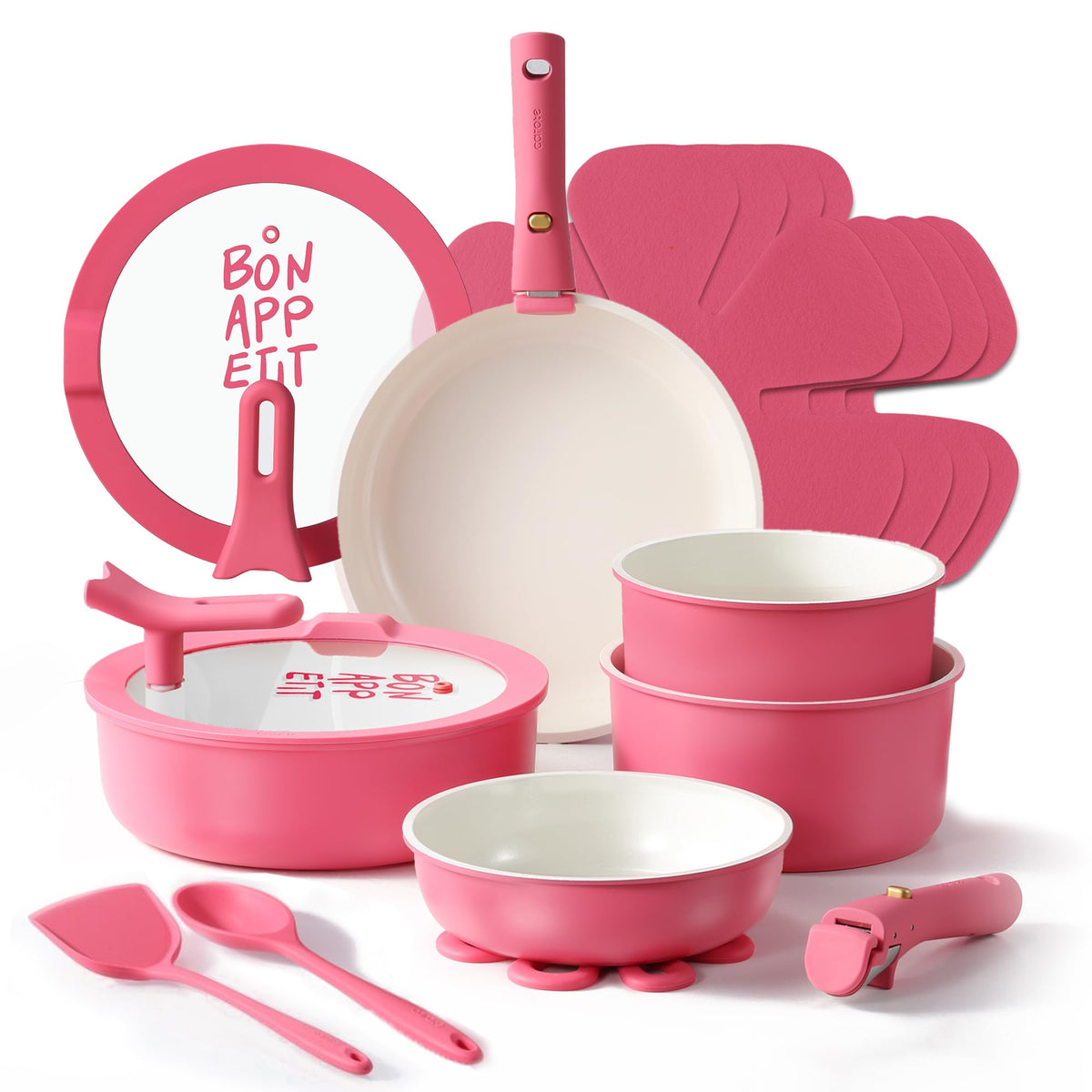 CAROTE 18-piece ceramic set with detachable handle for versatile cooking.