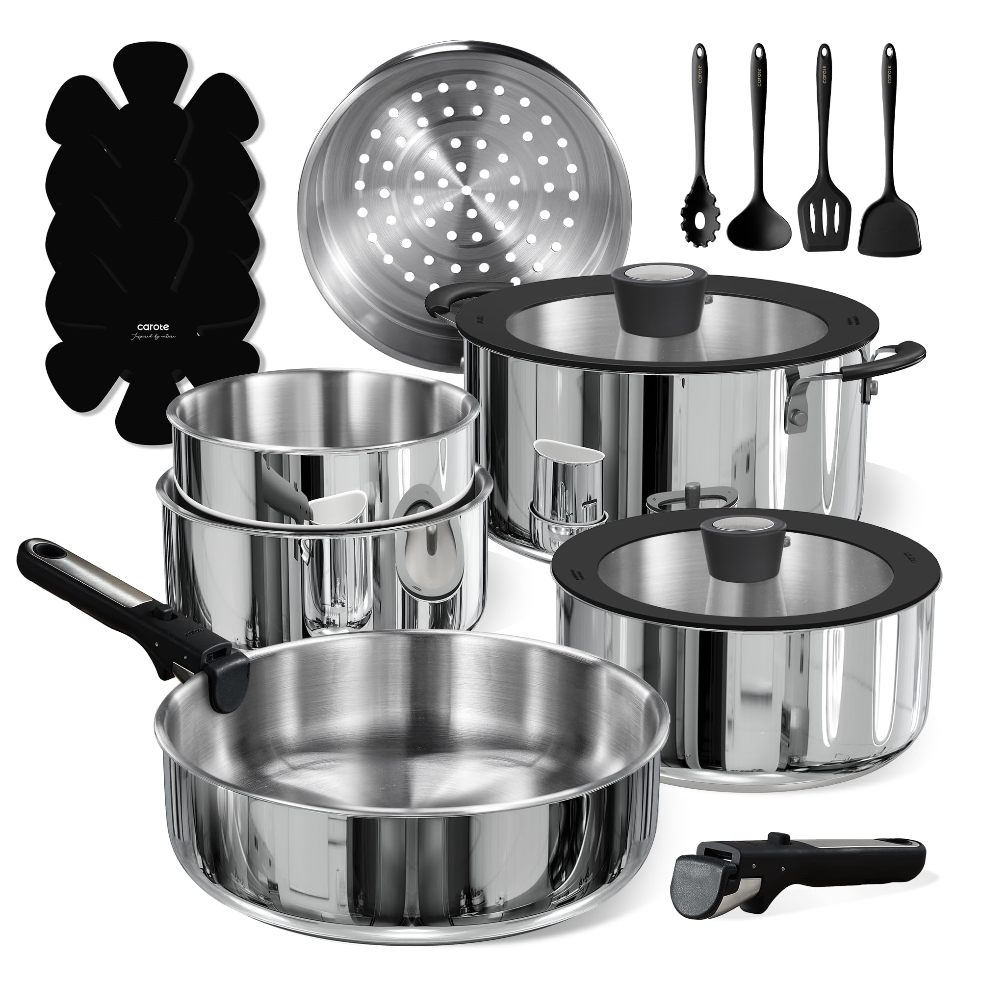 CAROTE 18pcs detachable-handle cookware on stove for quick removal and storage.