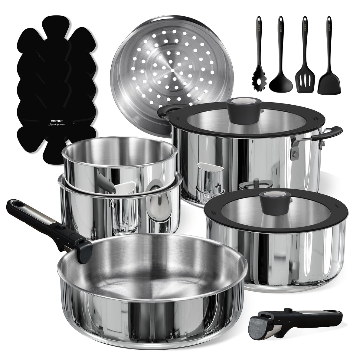 CAROTE 18pcs detachable-handle cookware on stove for quick removal and storage.