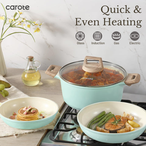 CAROTE 4.5-quart sauté pan with lid offers deep-searing and easy deglazing.