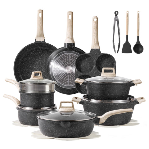 CAROTE 21-piece granite nonstick fry pans for even heat and easy release.