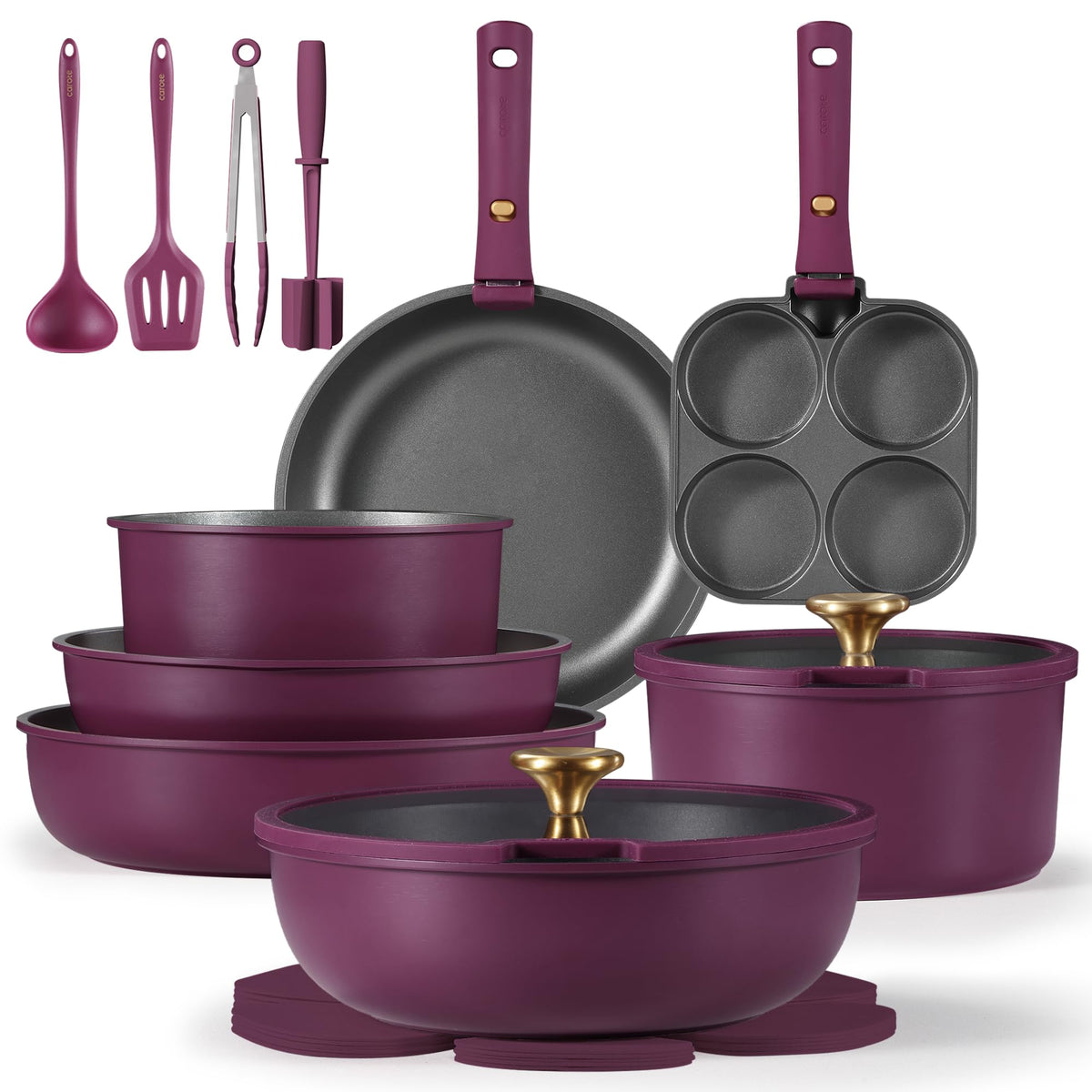 CAROTE 21-piece cookware set with detachable handles for compact storage.