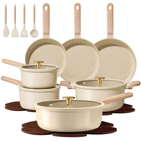 CAROTE 22pc set front view highlighting ceramic nonstick for easy cooking