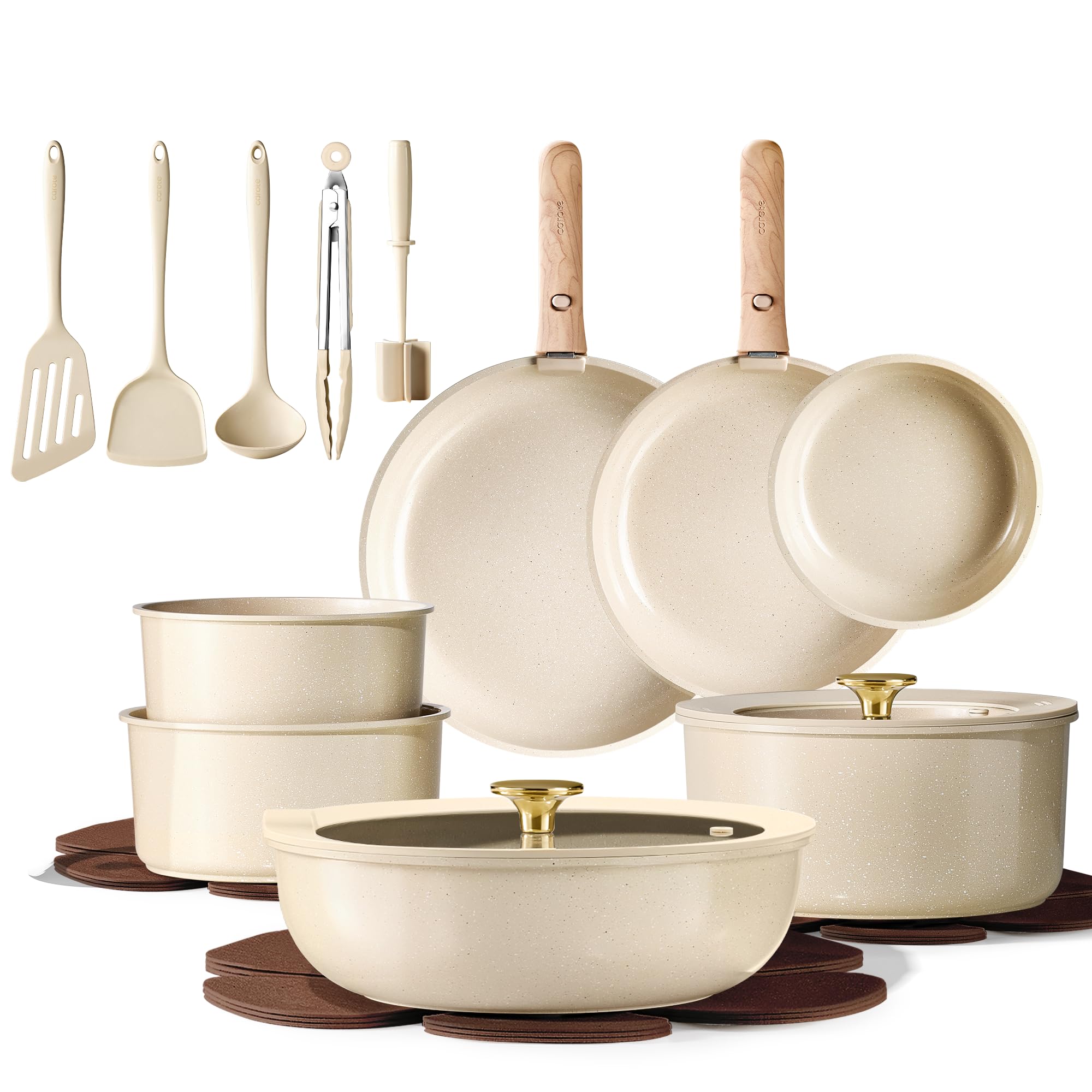 CAROTE 22pcs pots and pans set on countertop, versatile for weeknight meals
